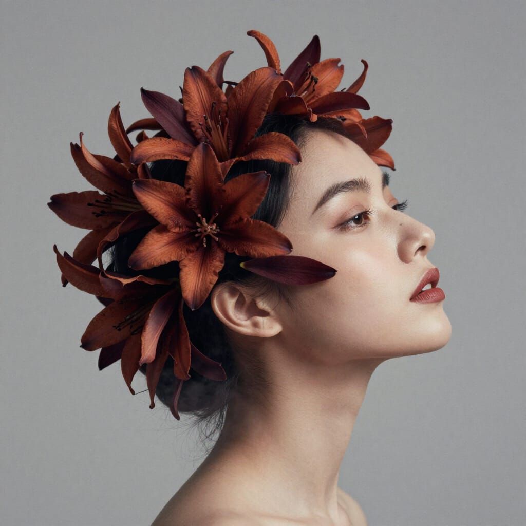 Photorealistic Woman With Blooming Flowers, Rembrandt Lighti...