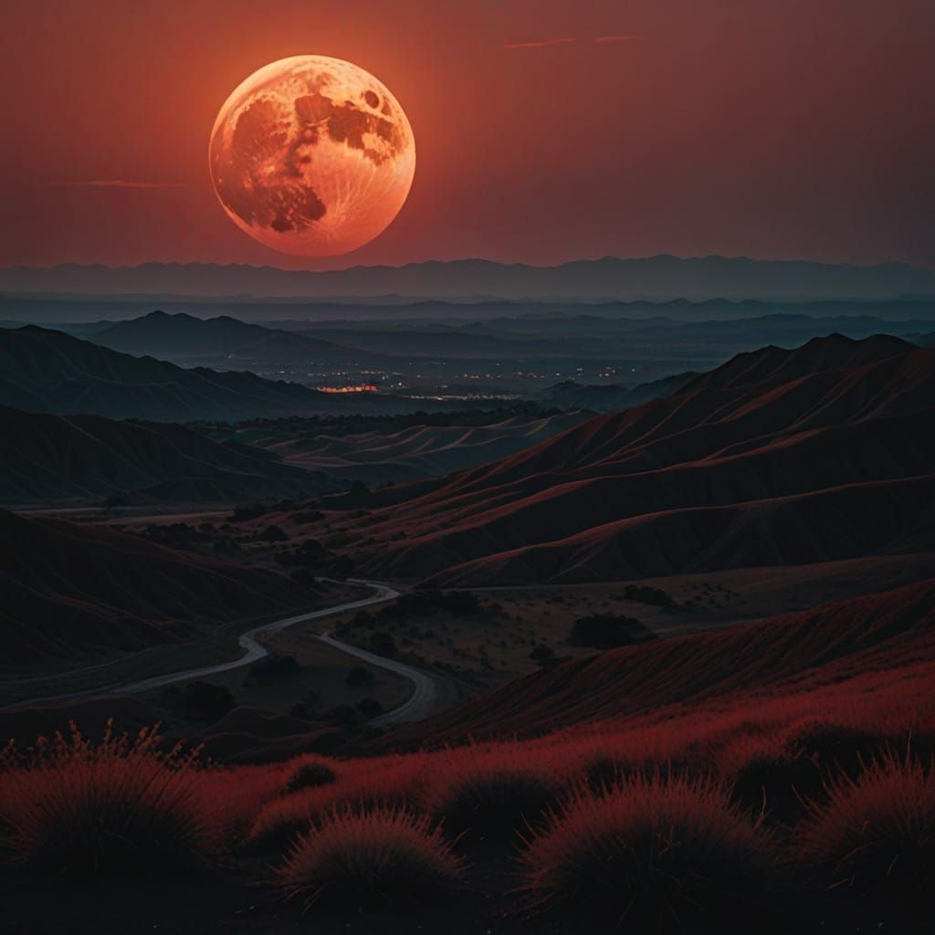 Ethereal Crimson Moon Descends in Cinematic Splendor
