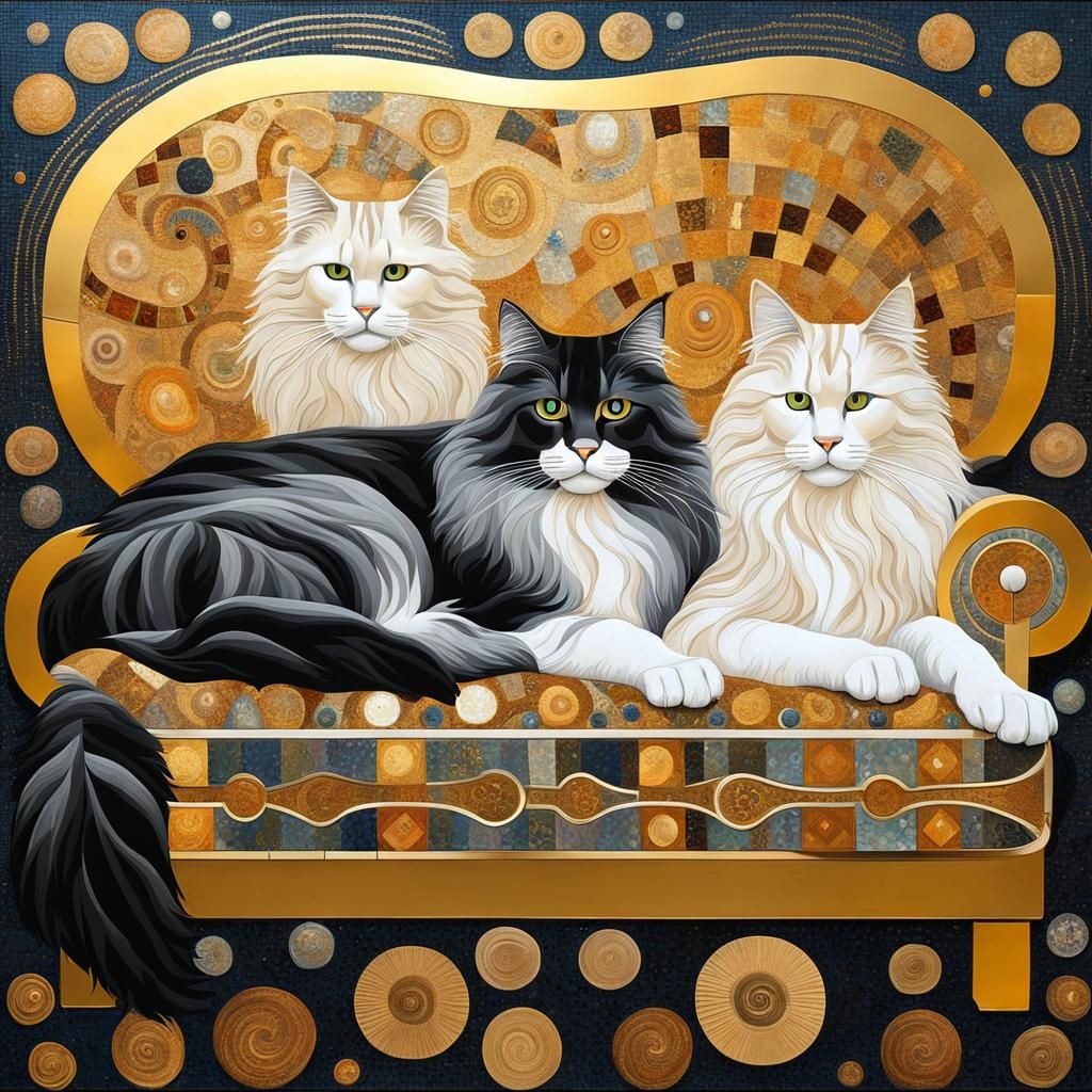 Main Coon Cat on Chaise Lounge in Klimt Style