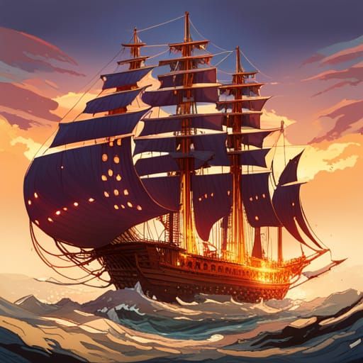 Steampunk Pirate Ship in Luminous Digital Painting