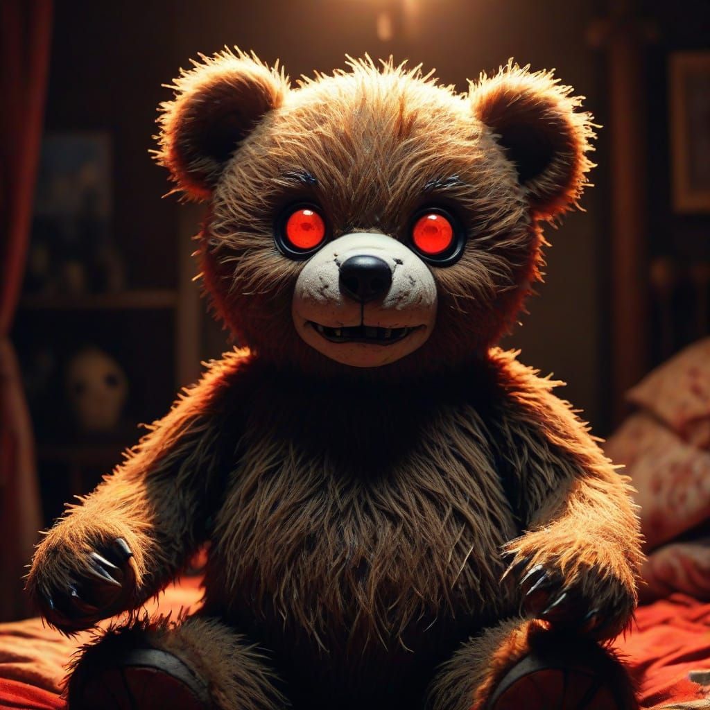 Creepy Teddy Bear with Glowing Red Eyes in Dark Bedroom