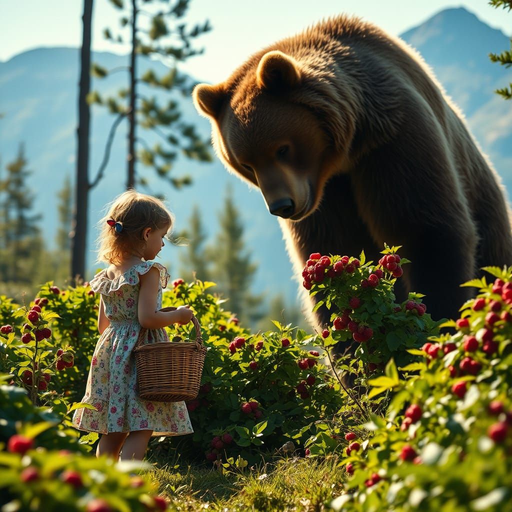 Little Girl Encounters a Majestic Bear in a Sun-Dappled Scan...