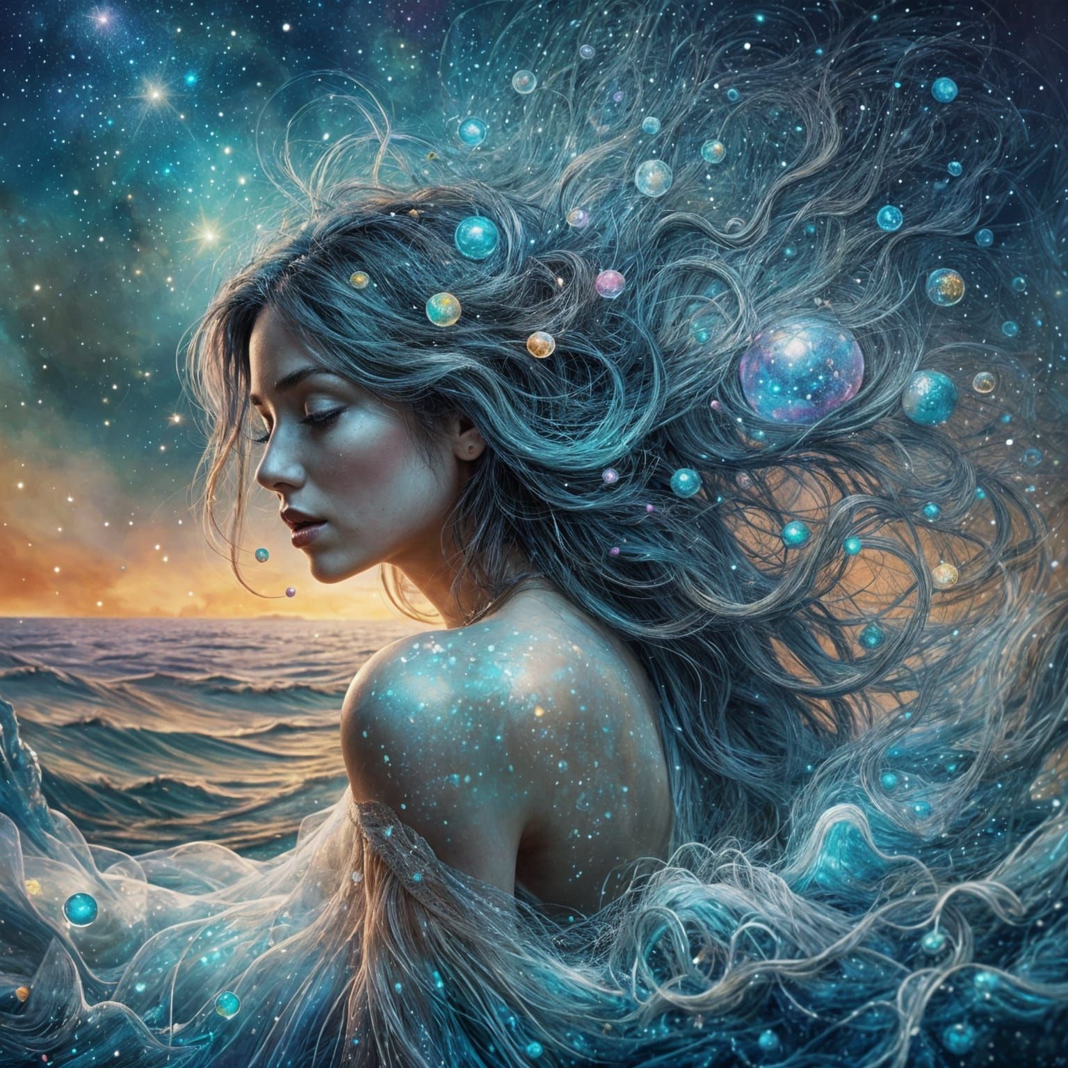 Cosmic Art Woman in Dreamlike Oceanic Landscape