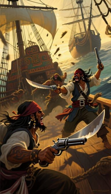 Pirate Ship Battle in Pre-Hispanic Art Style