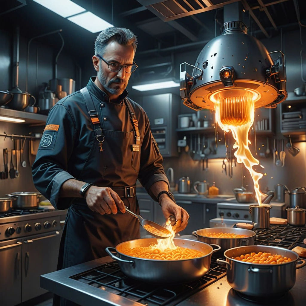 Futuristic Dad Cooking Alphabet Soup: Digital Matte Painting