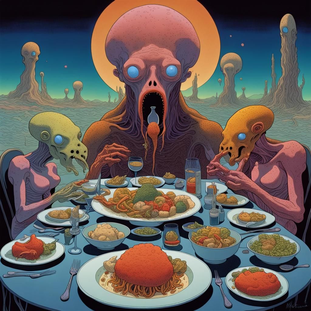 Amoebas' Surreal Dinner: Moebius-Style Horror