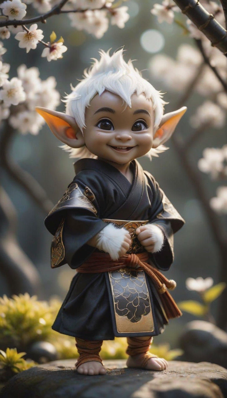 Adorable Smog Elf Warrior Child Captured Under Blooming Blos...