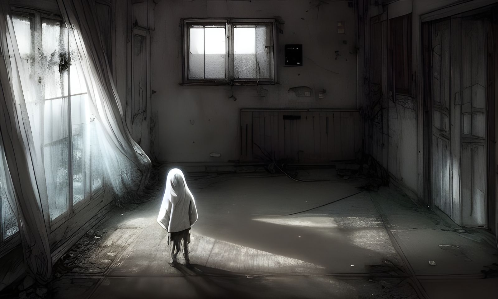 Ghostly Boy at Abandoned Orphanage: Digital Illustration