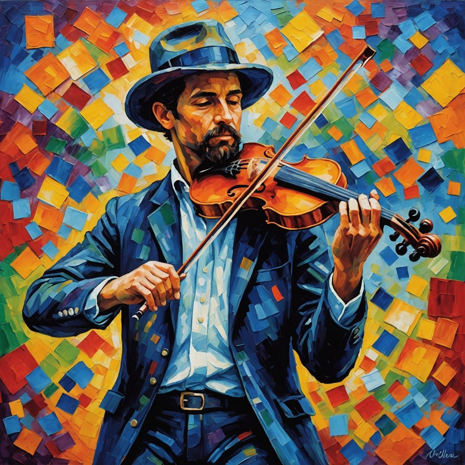Violin Player in Neo-Impressionist Oil Painting
