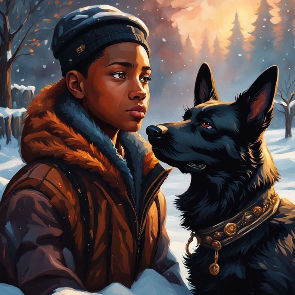 Winter Scene: Black Adolescent and German Shepherd