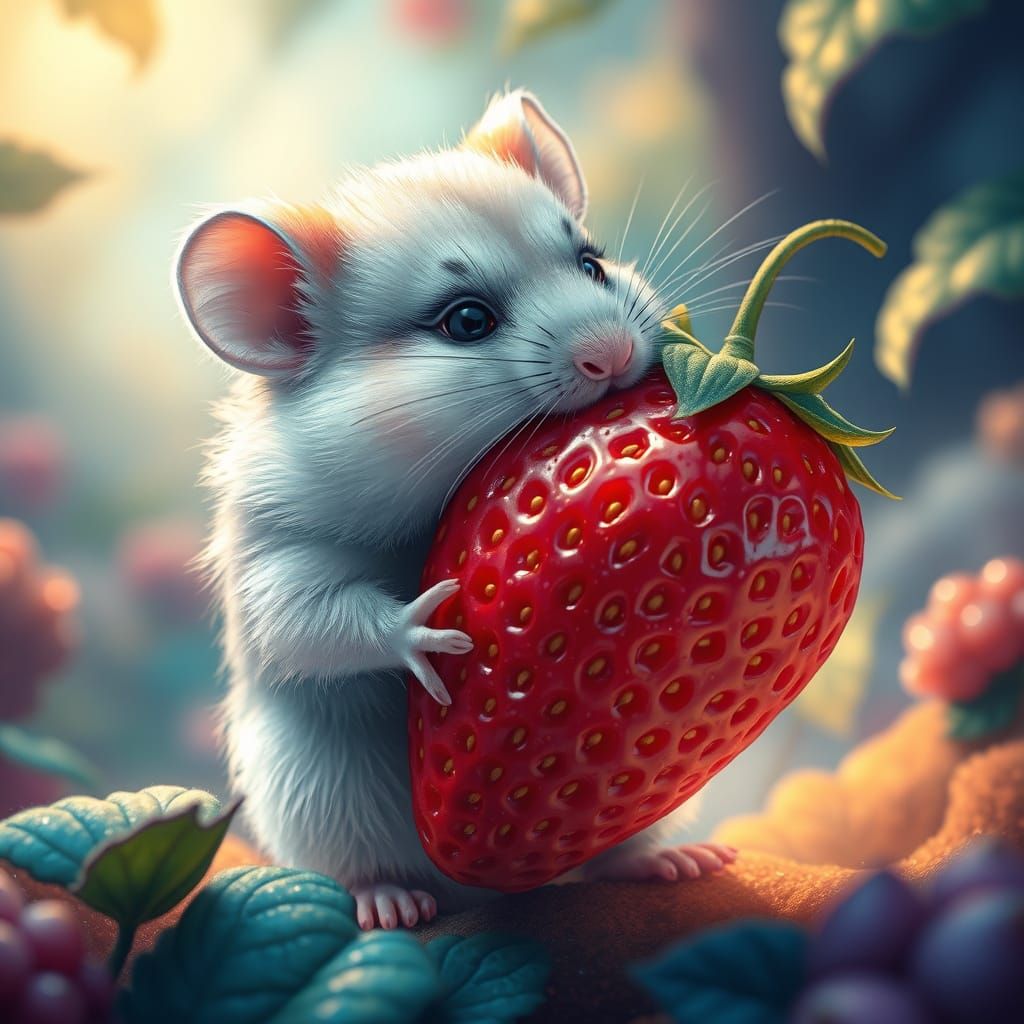Cute Hamster Devours Gigantic Strawberry in Whimsical Forest