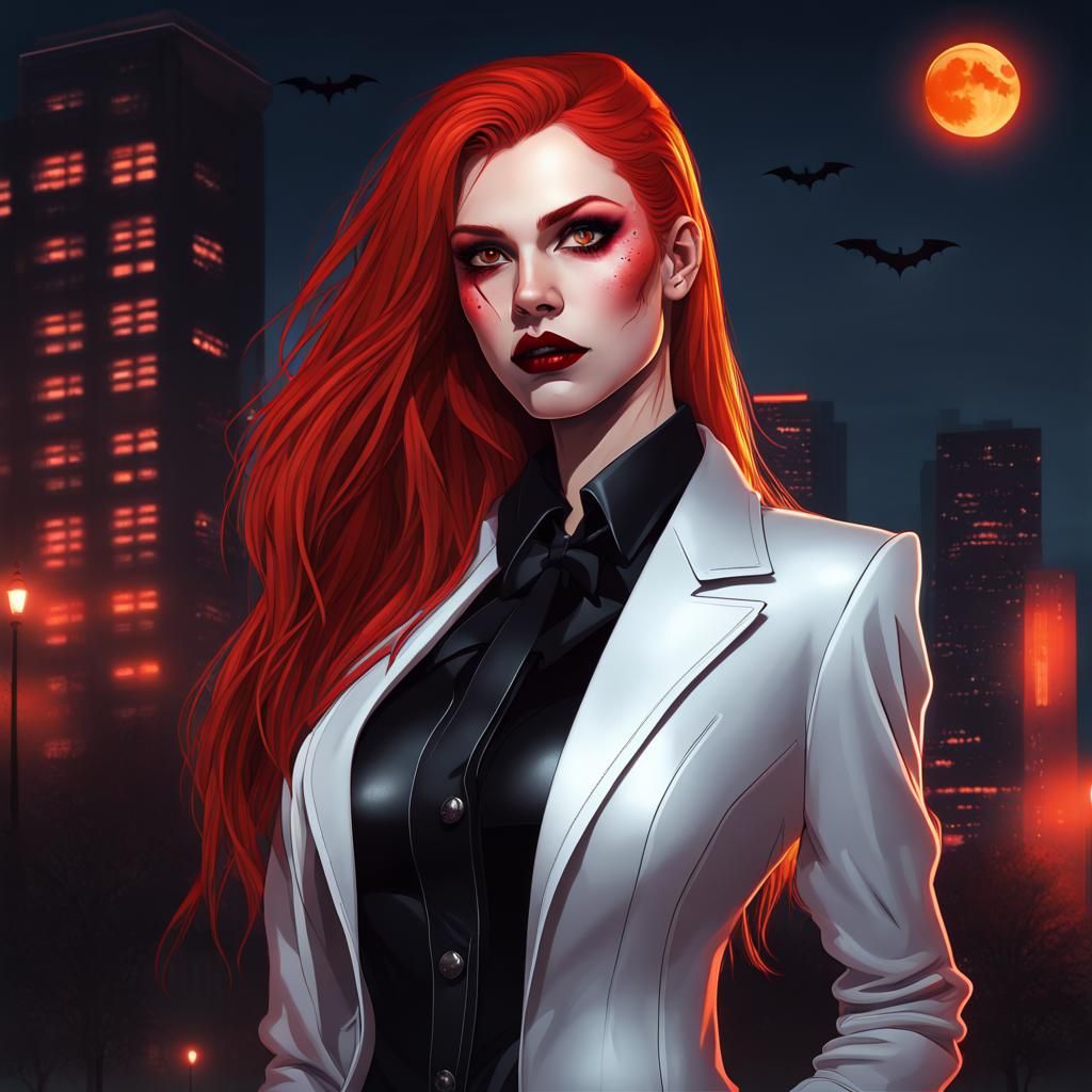 Crimson-Eyed Vampire Lady in Neon Orange Park