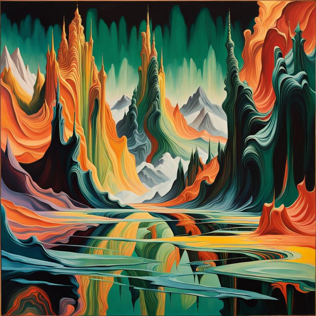Iridescent Alienscape with Electric Green Pool as Impasto Pa...