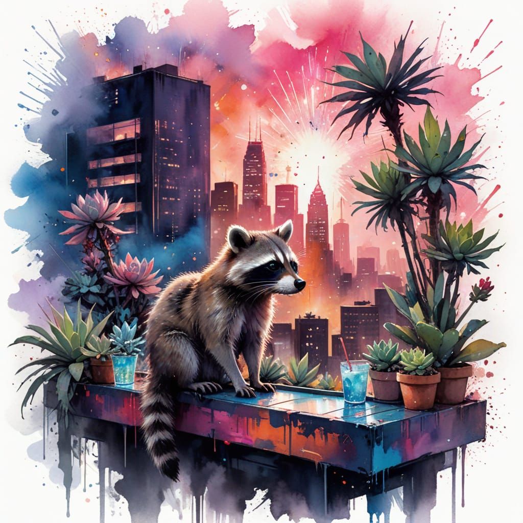Neon Rooftop Raccoon Watercolor Art