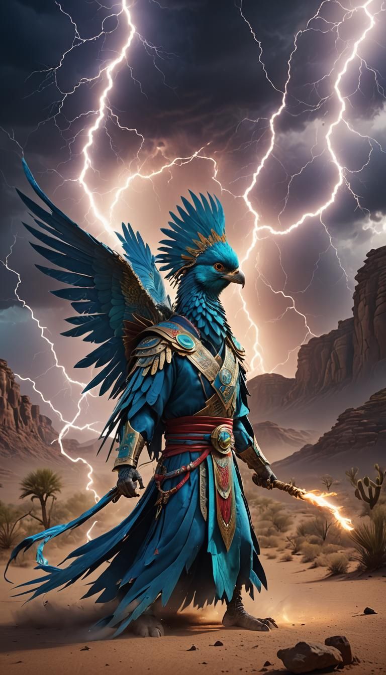 Blue Quetzal Bird Humanoid Engulfed in Lightning