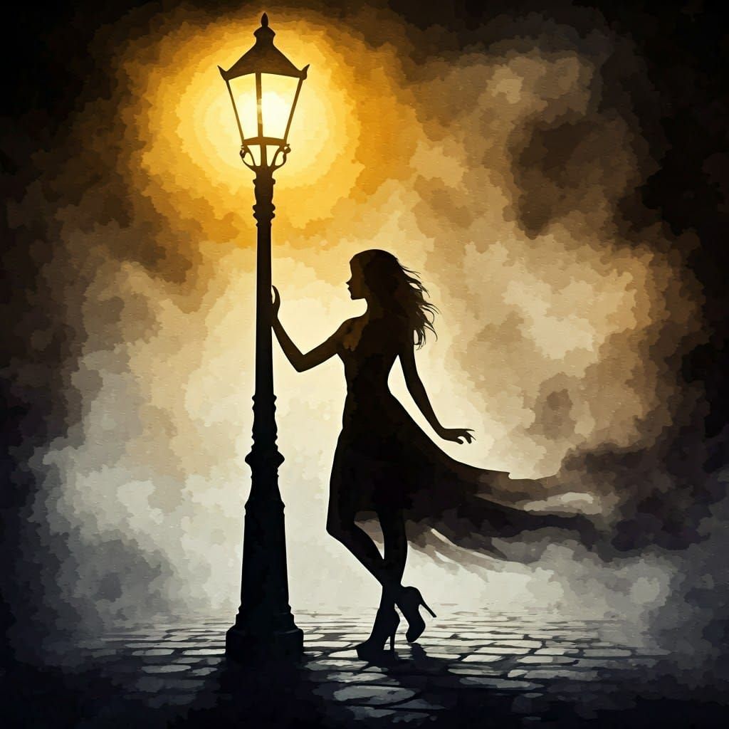 Woman's Silhouette by Lamppost in Ink Painting Style
