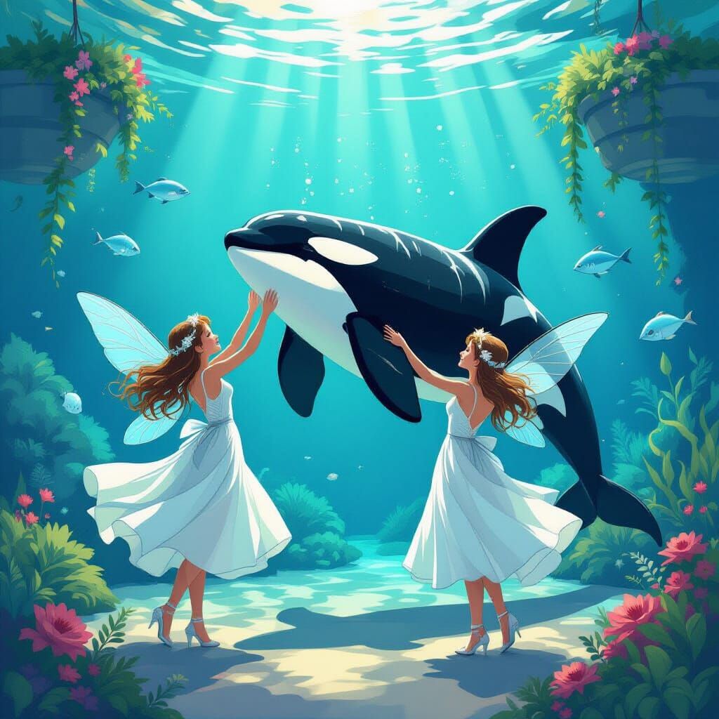 Fairies Taming Orca in Aquarium, Whimsical Art Style
