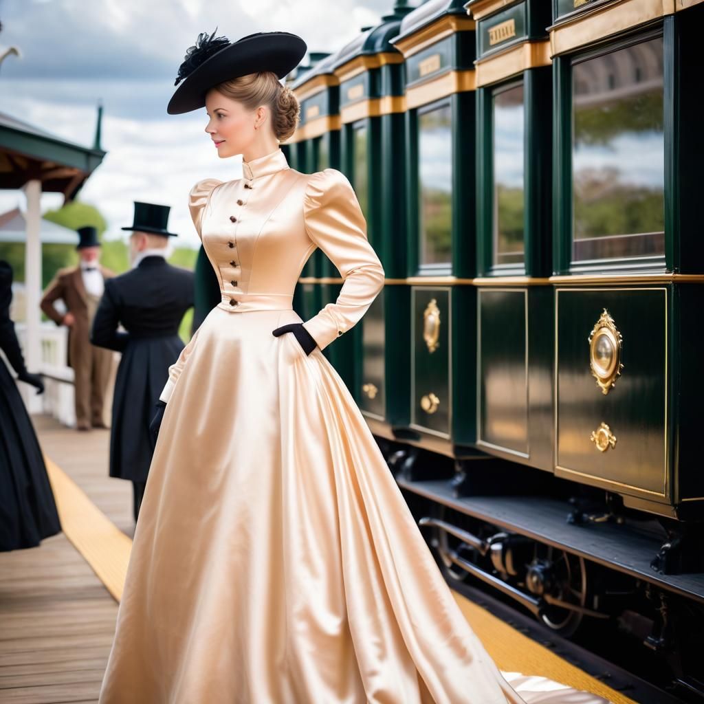 Elegant Woman Boarding 1890s Train in Satin Dress
