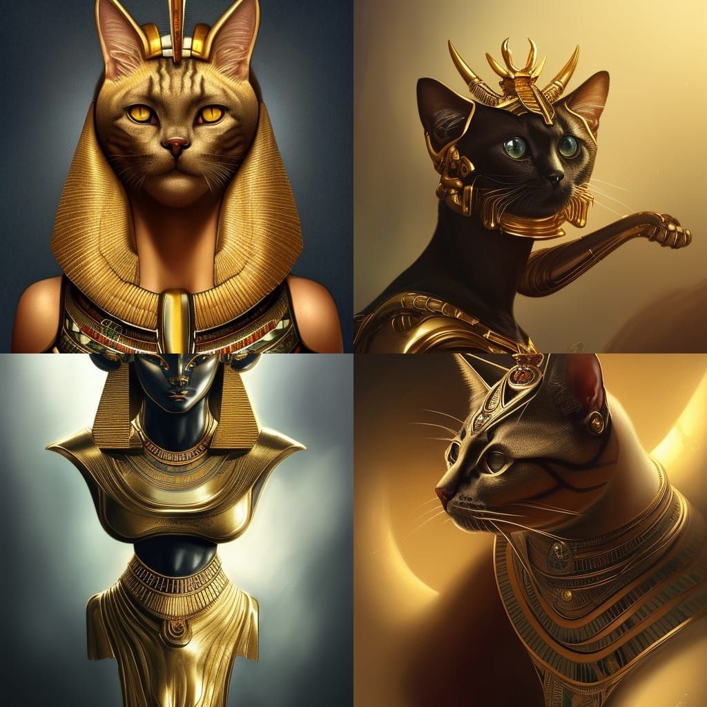 Ancient Egyptian Cat Deity Portrait in Gold and Silver