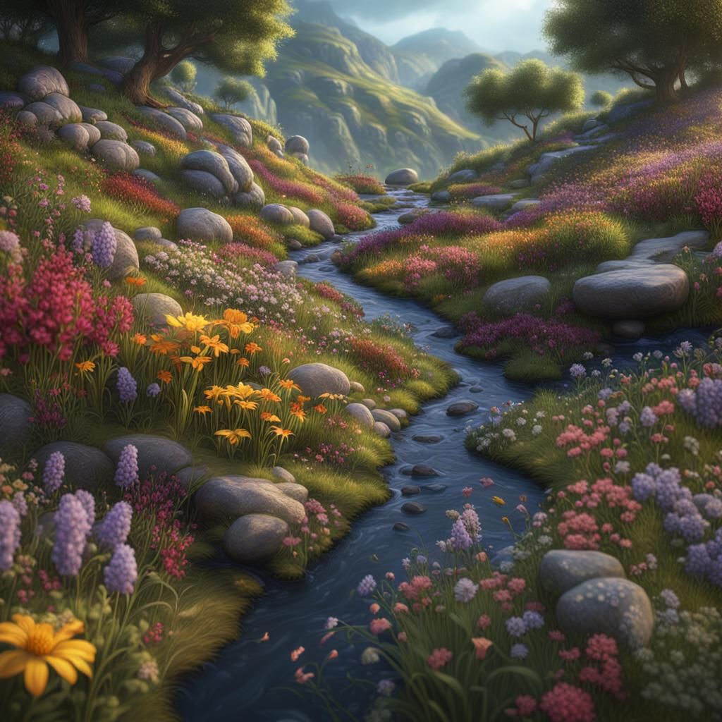 Colorful Wildflower Hills, Matte Painting Style