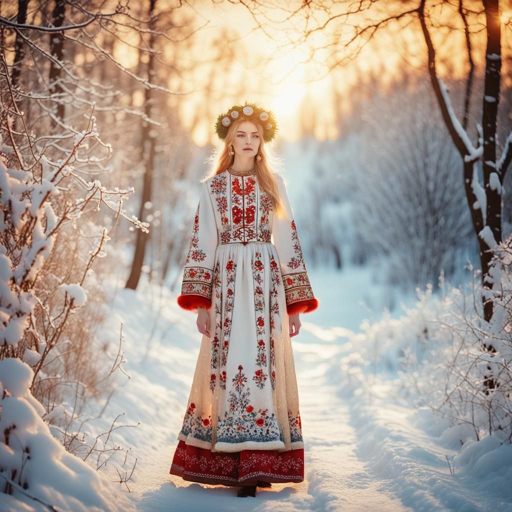 Russian Model in Snowy Winter Wonderland, Slavic Folk Art