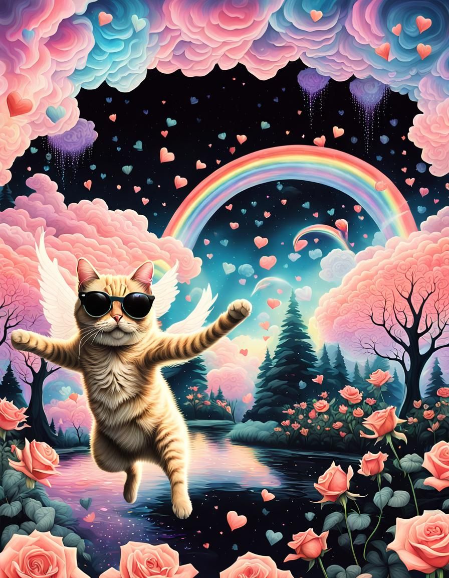 Winged Cat Jumps in Mystical Rainbow Garden