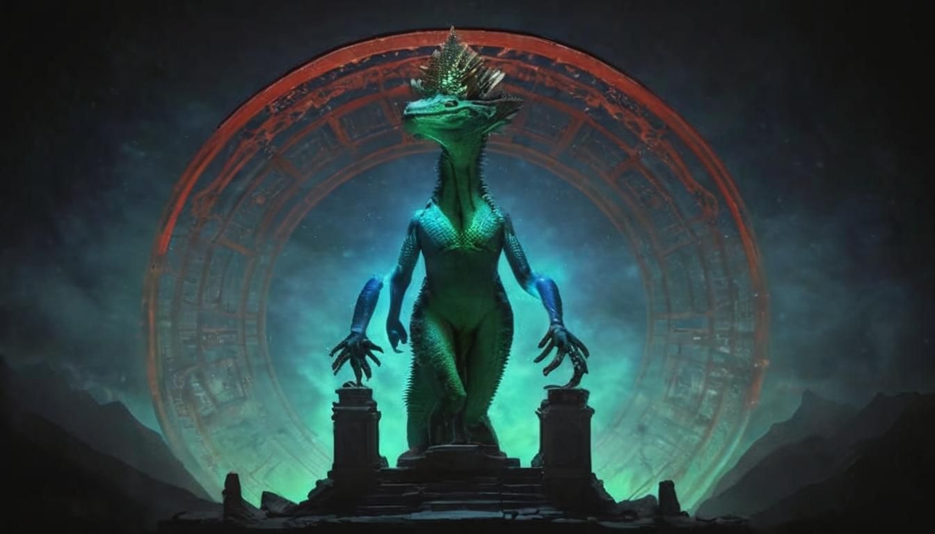 Lizard Deity in Vibrant Colors Before Temple