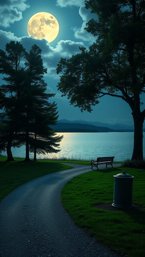 Moonlit Lakeside Path at Dusk in Dreamy Pastoral Style