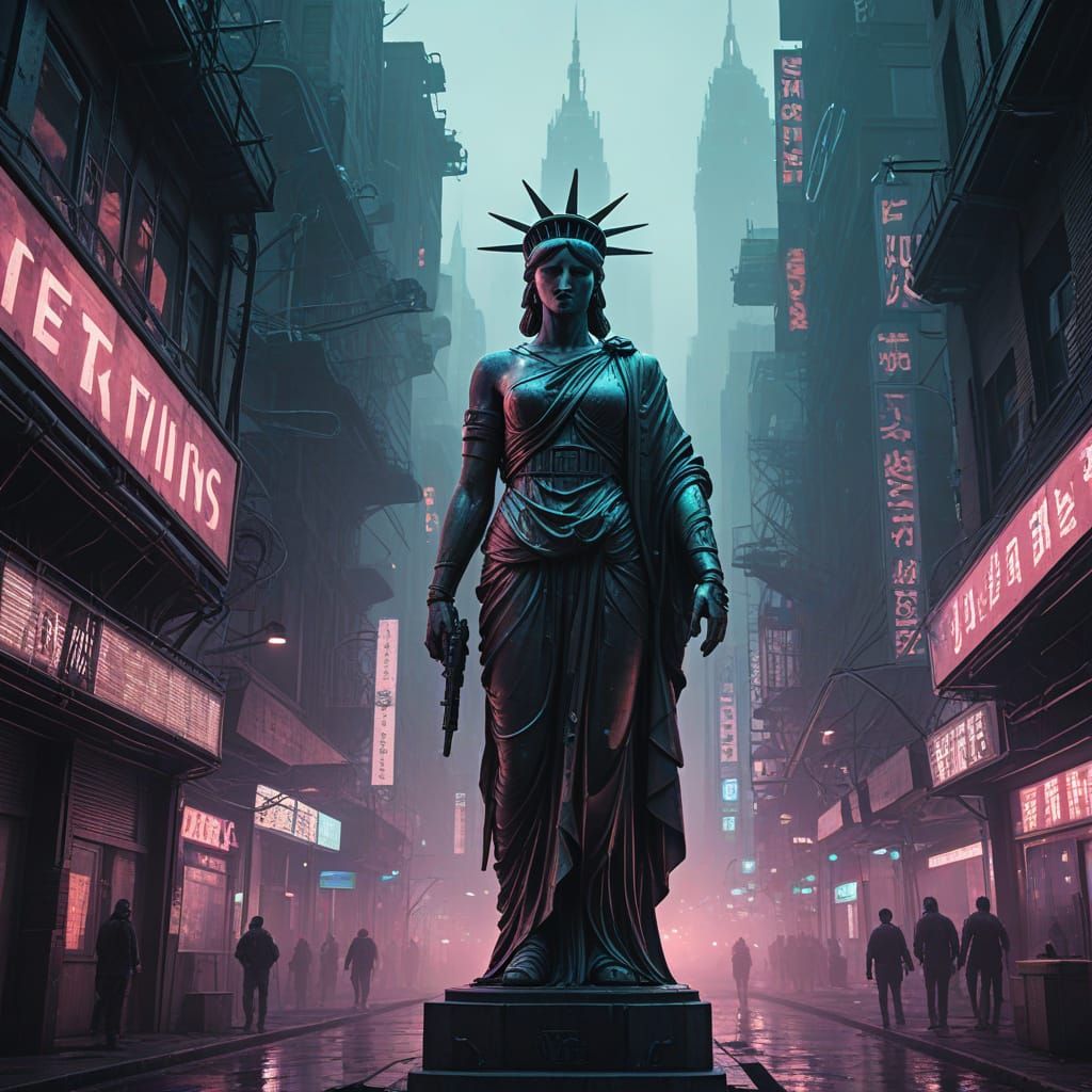 Cyberpunk Statue of Liberty Towers Over a Gritty Metropolis