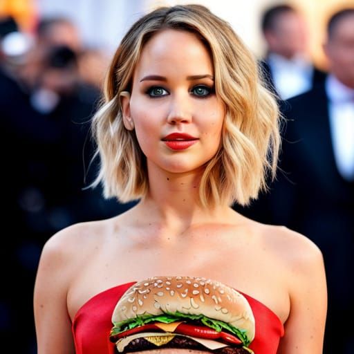 Jennifer Lawrence eating a cheese burger