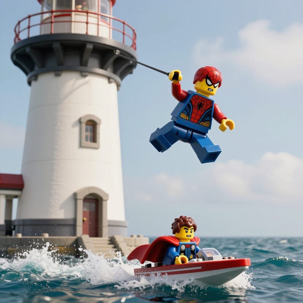 Lego Stuntman Jumps Lighthouse With Spider-Man and Thor