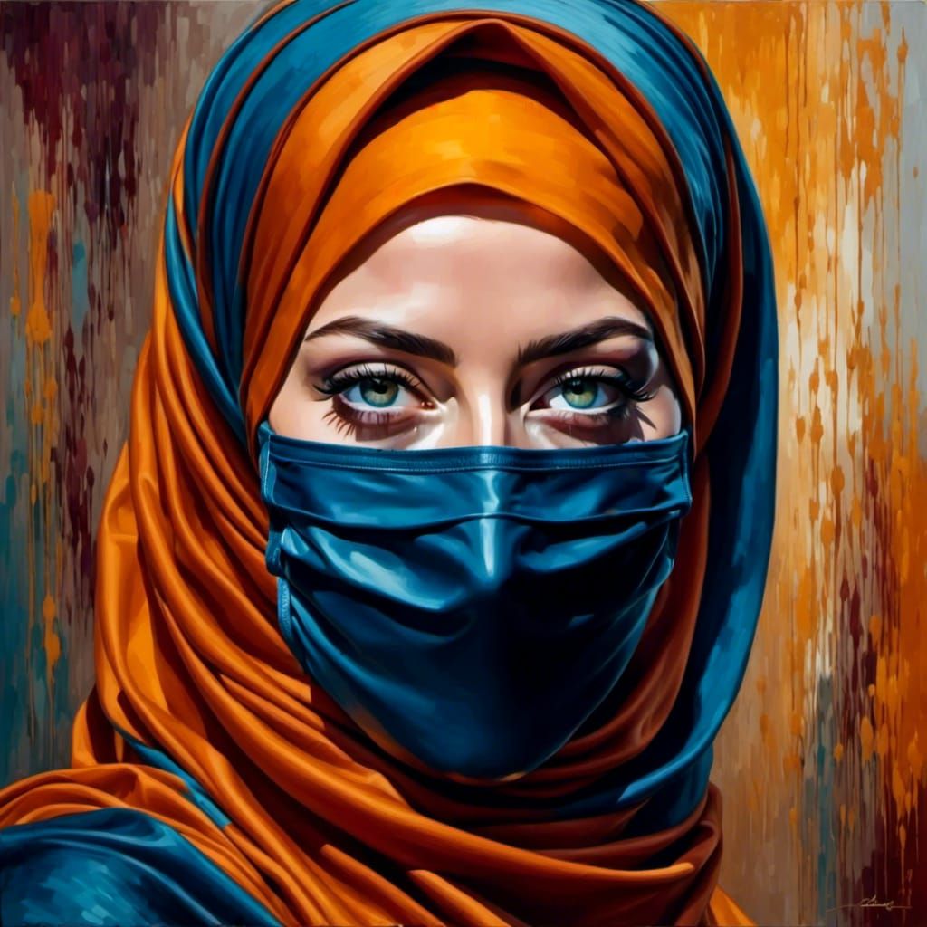 Veiled Woman with Mask in Oil Painting Style