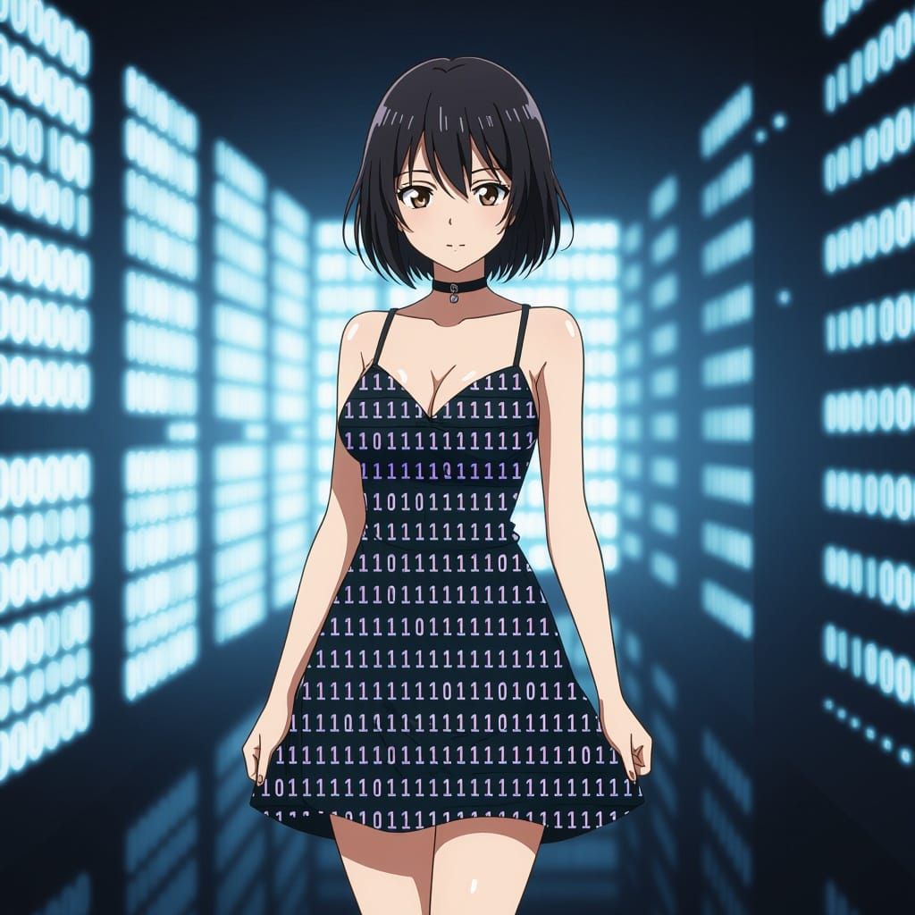 Woman in Binary Code Dress, Anime Style