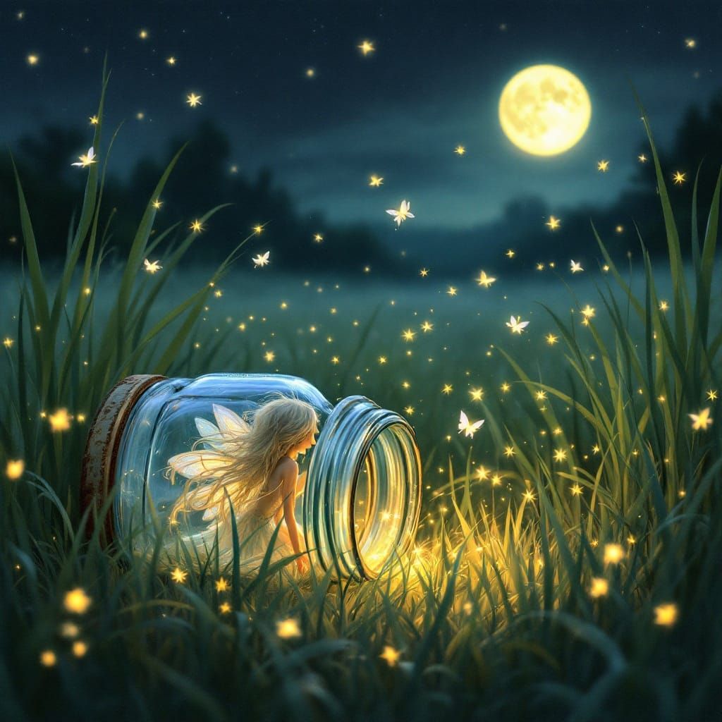 Whimsical Fairy Scene in a Lush Meadow at Dusk