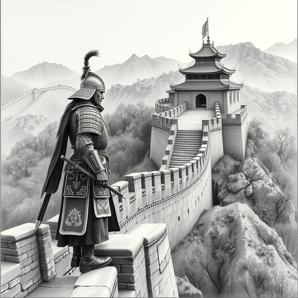 Chinese Warrior on the Great Wall: Charcoal Drawing