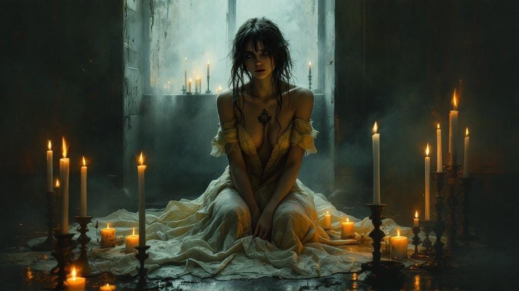 Melancholy Woman in Candlelight, Gothic Surrealism