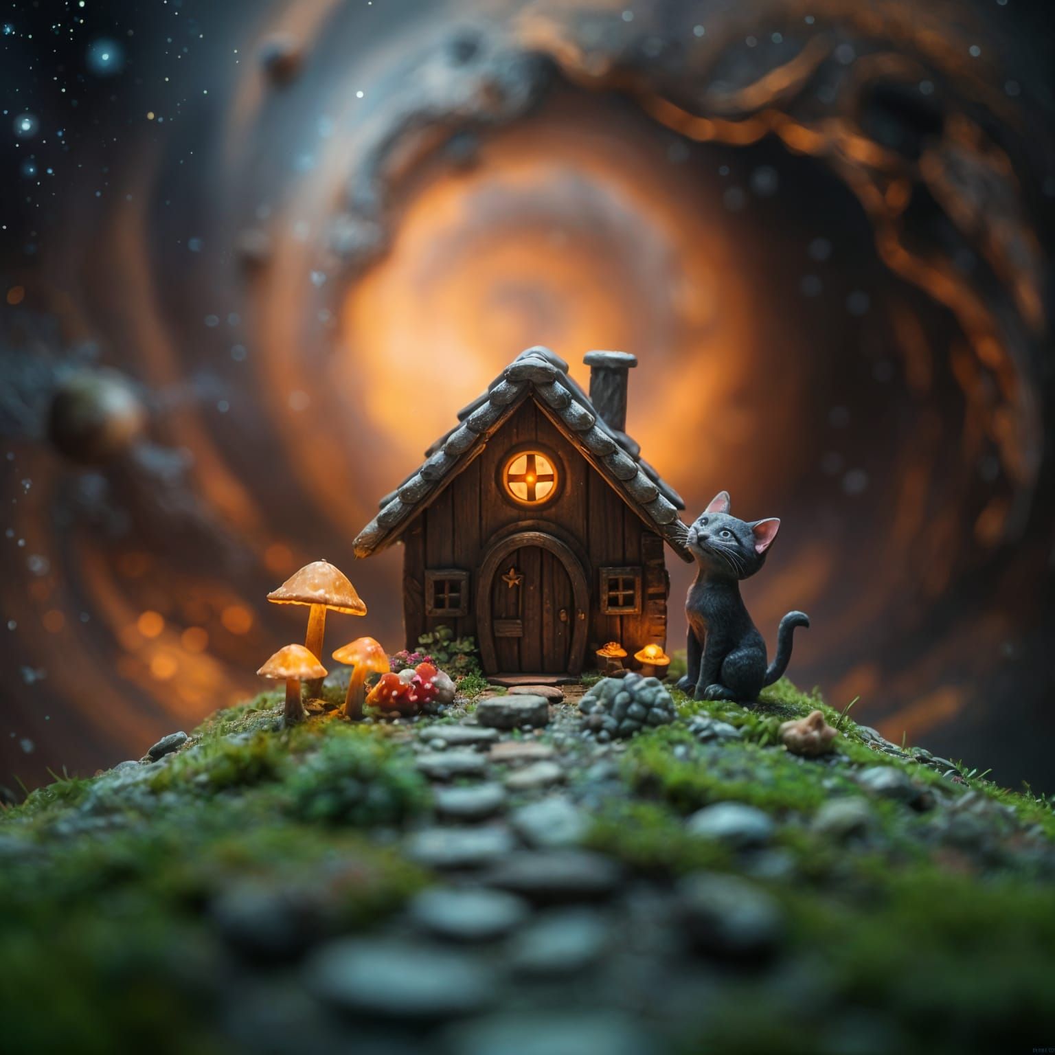 Whimsical Cosmic Cottage Diorama with Glowing Mushrooms