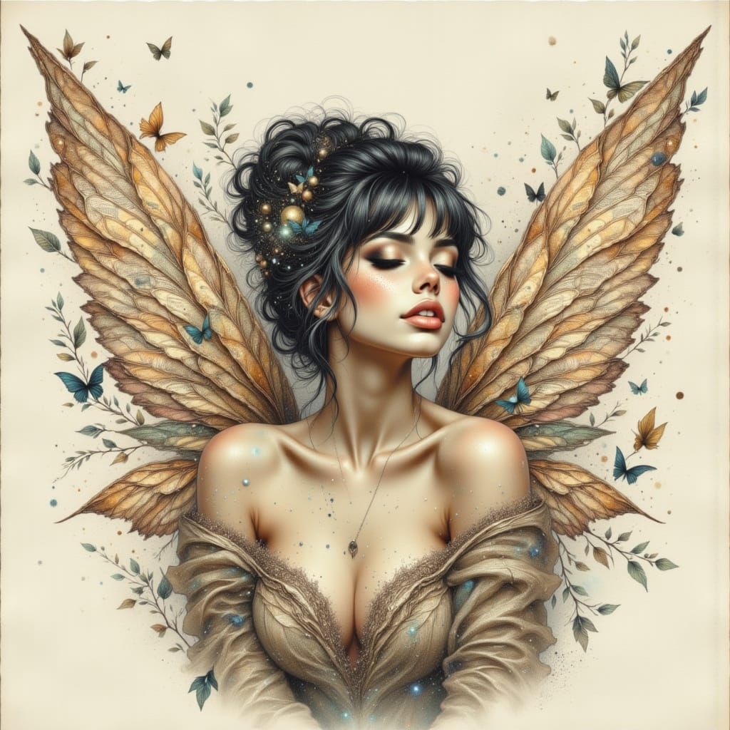 Woman with Translucent Origami Wings of Music