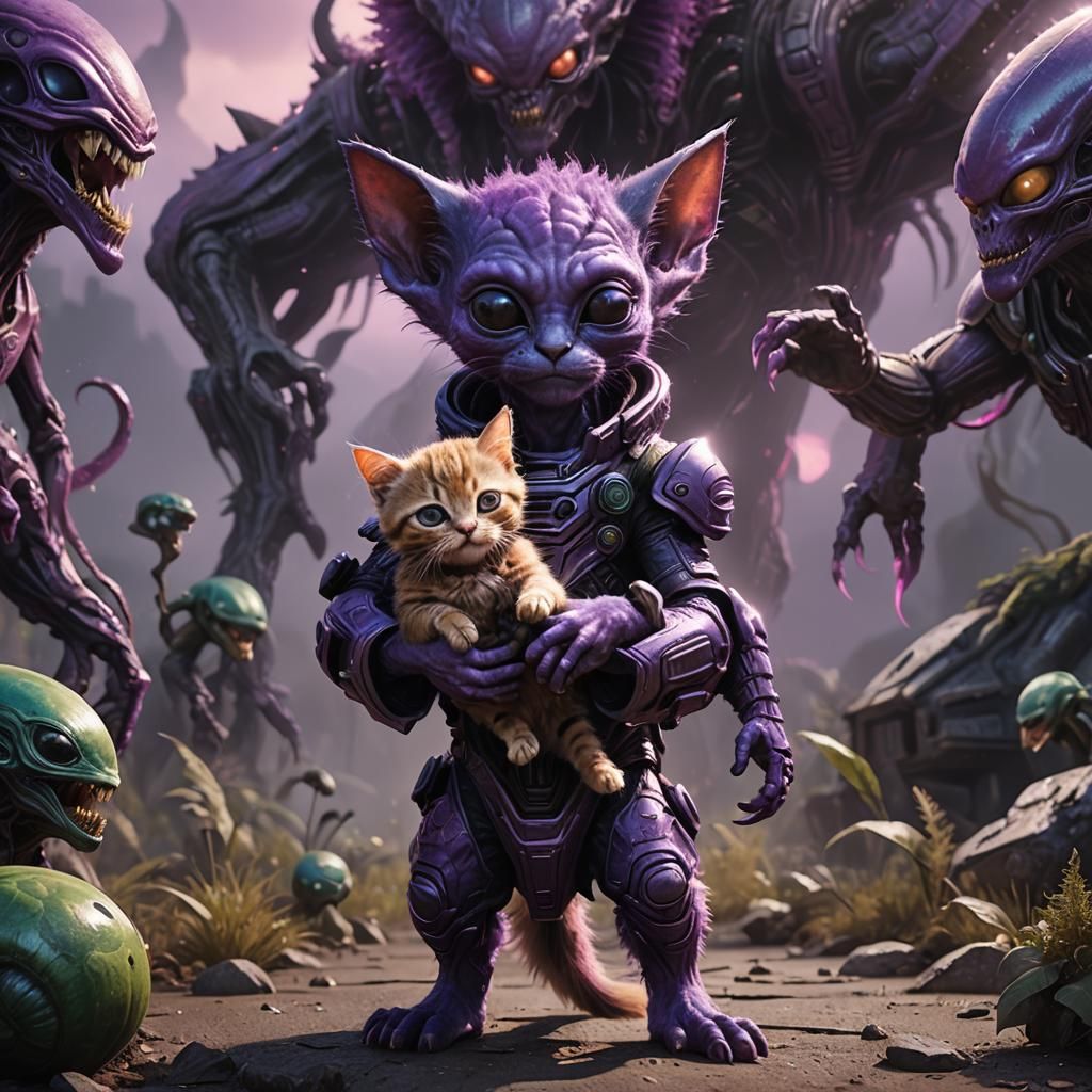 Purple Alien Tenderly Holds a Kitten: Fantasy Art