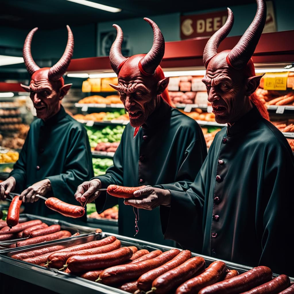 Surreal Devils Buying Sausage in Supermarket