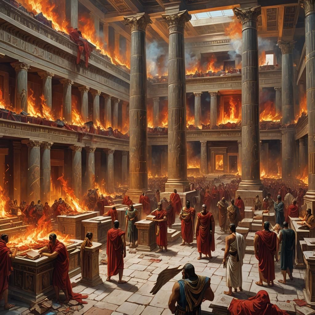 Burning Alexandrian Library in Malyavin Style