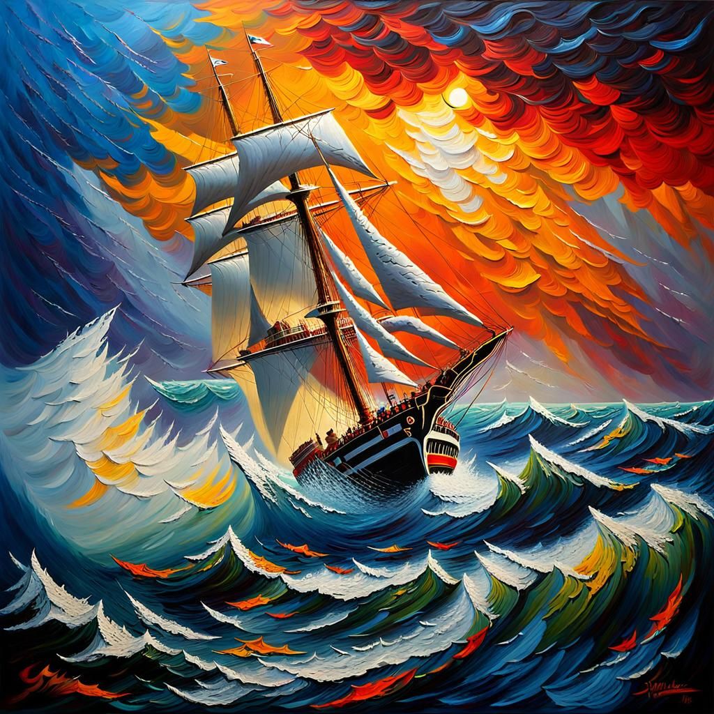 Sailing Ship in Storm, Impasto Oil Painting