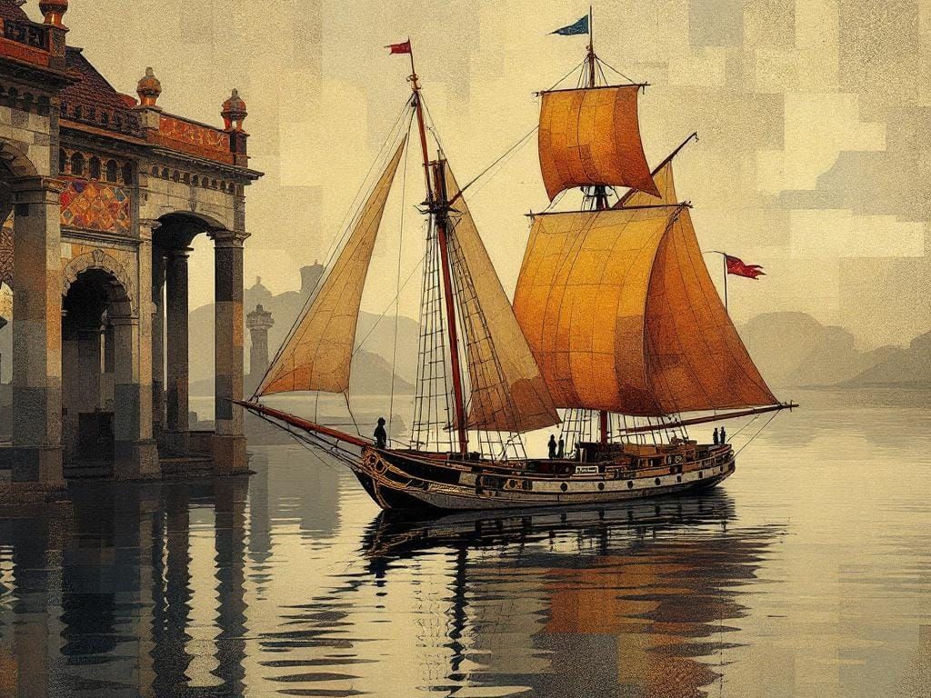 Sailing Ship in Klimt Cubist Folk Art Style