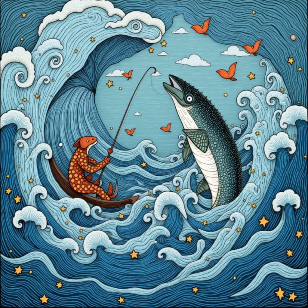 Fisherman Hooks Giant Fish in Whirlpool