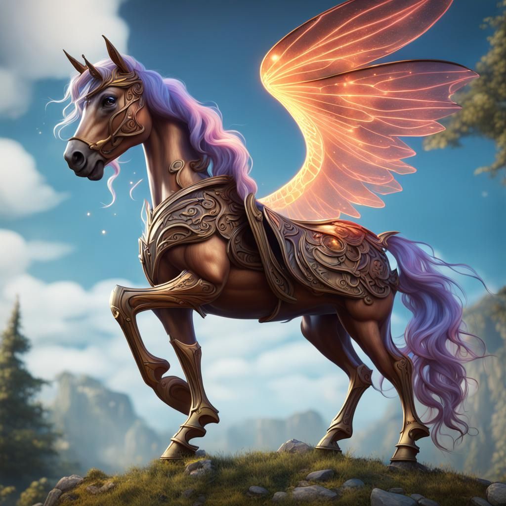 Metal Horse with Fairy Wings: Fantasy Concept Art