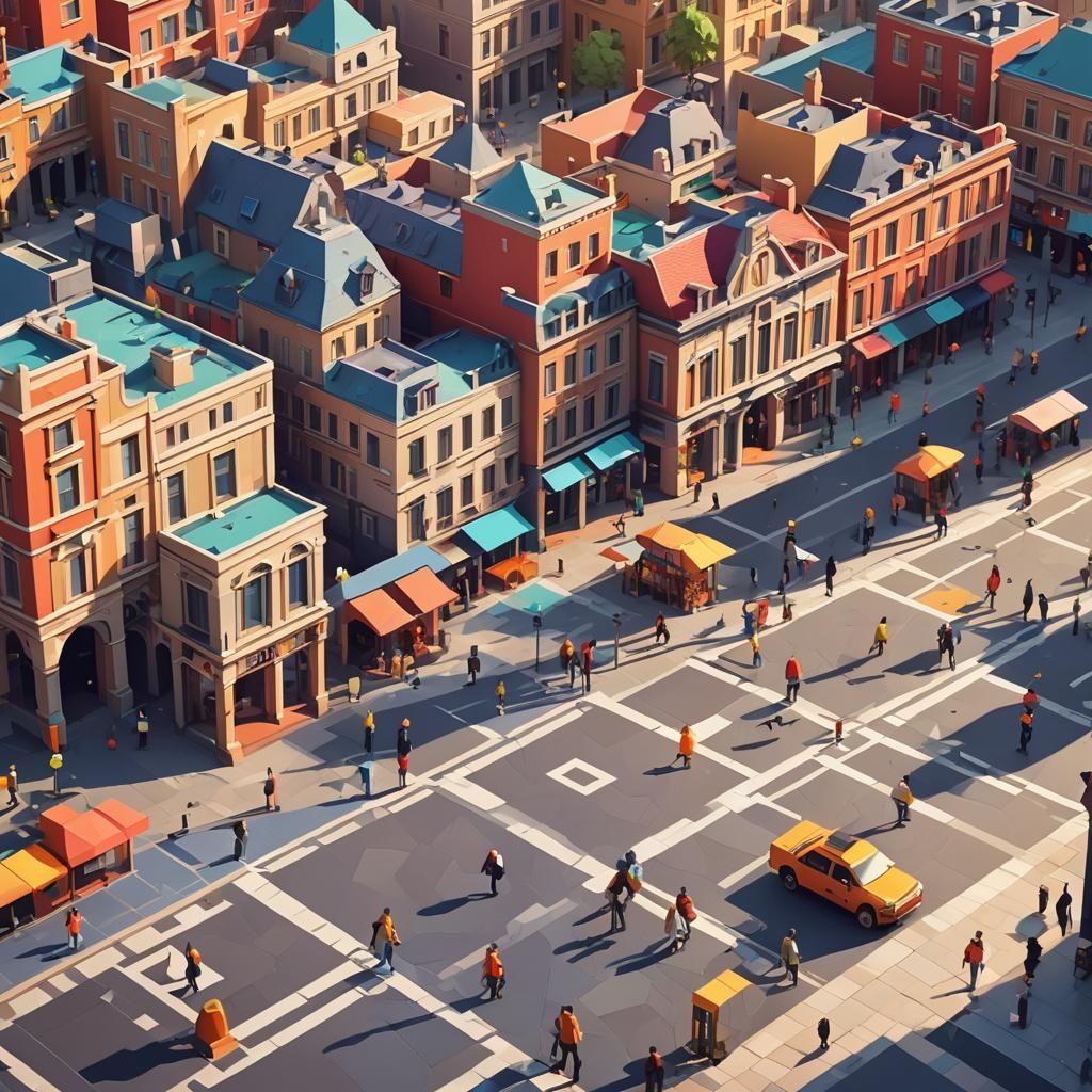 Vibrant City Square in PS1 Art Style