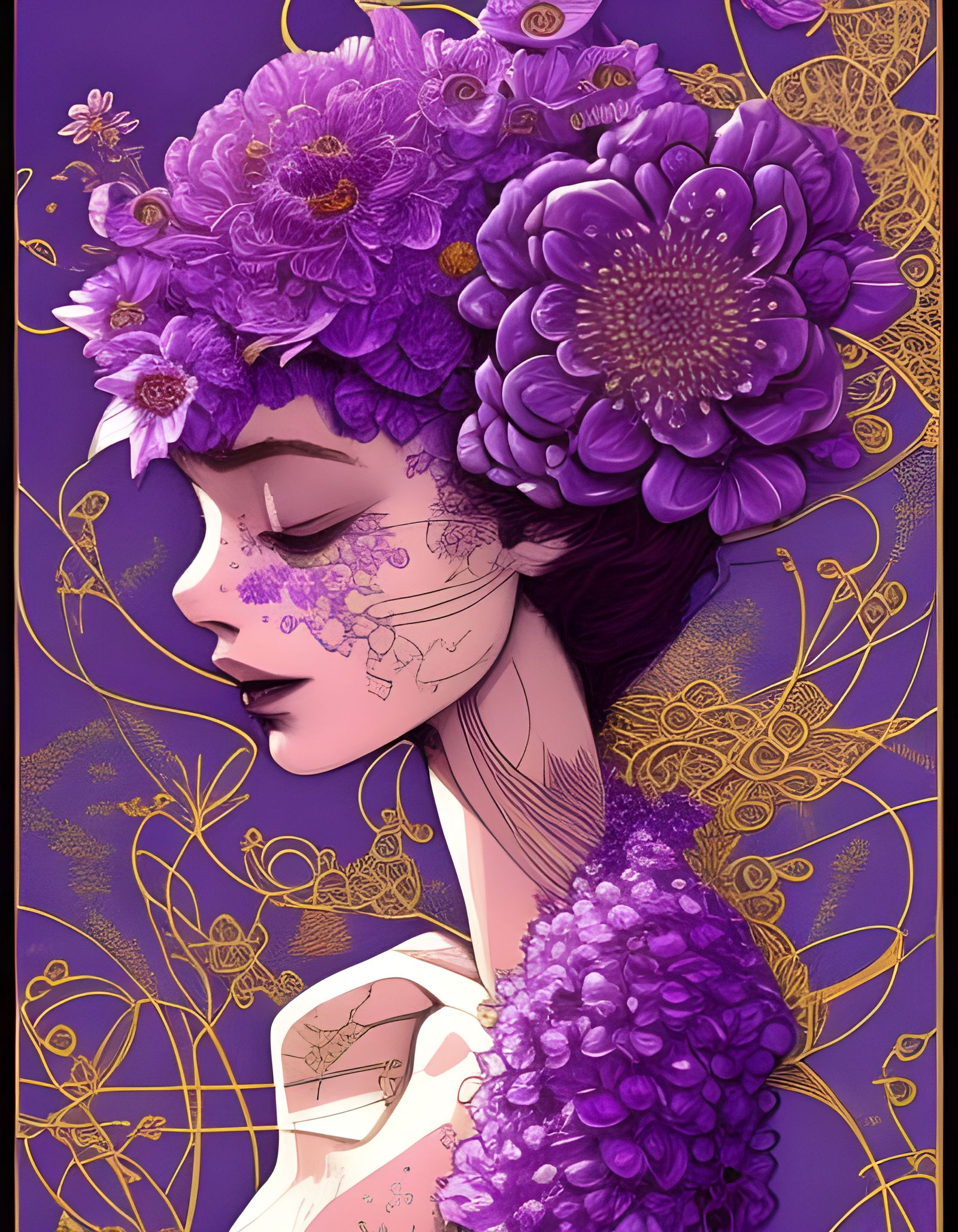 Intricate Purple Flowers with Golden Outlines