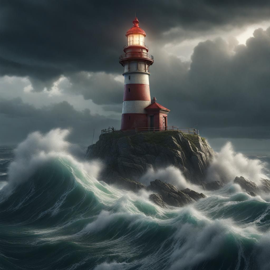 Lighthouse in a Storm: Hyperrealistic Seascape