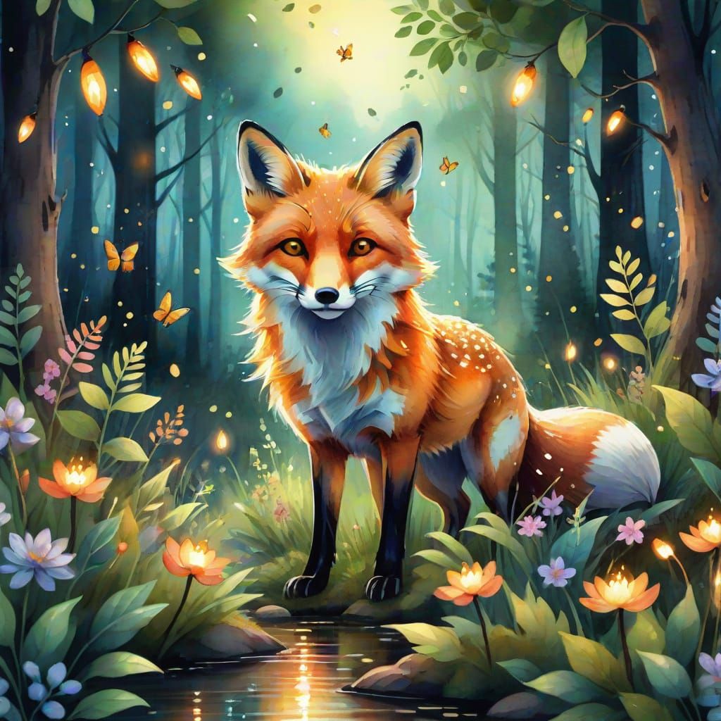 Fox in Forest Ecosystem: Watercolor Concept Art