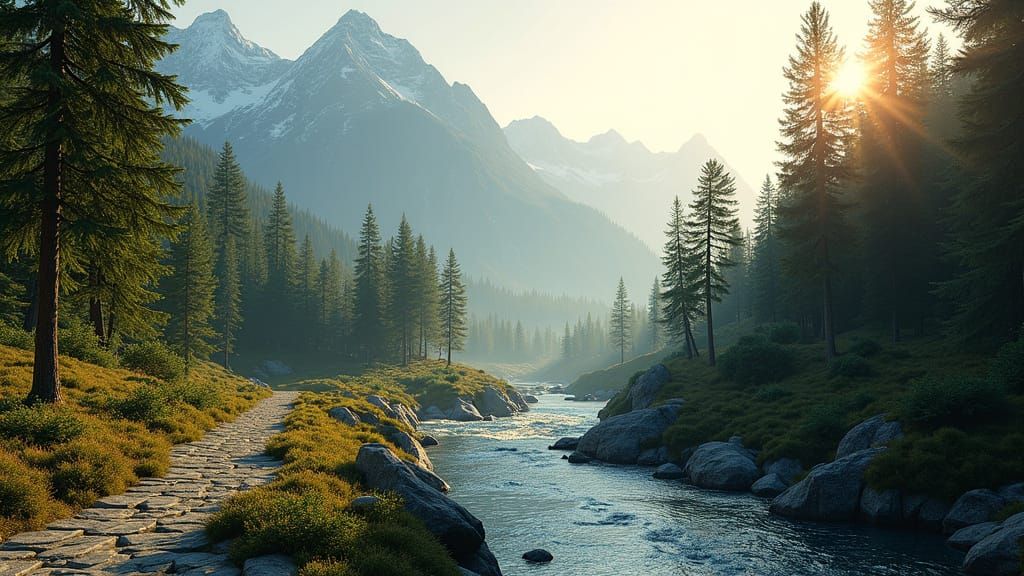 Panoramic Forest Landscape with Digital and Photorealistic E...